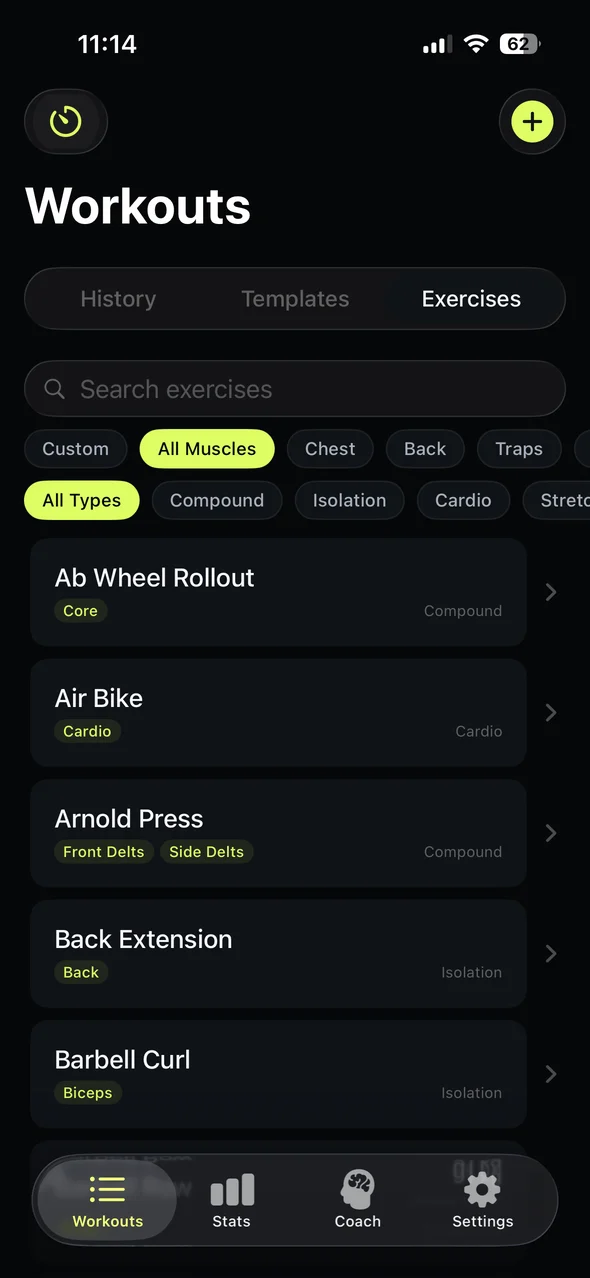Repgrit Exercise Database screen in dark mode.