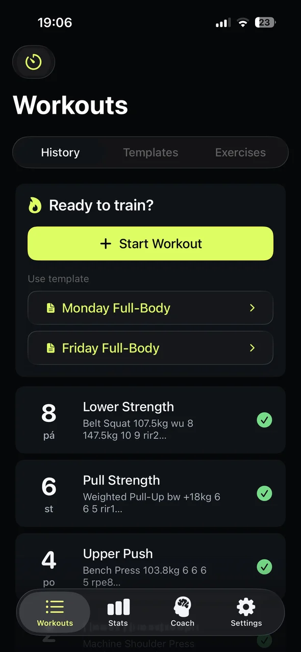 Repgrit workout history screen in dark mode.