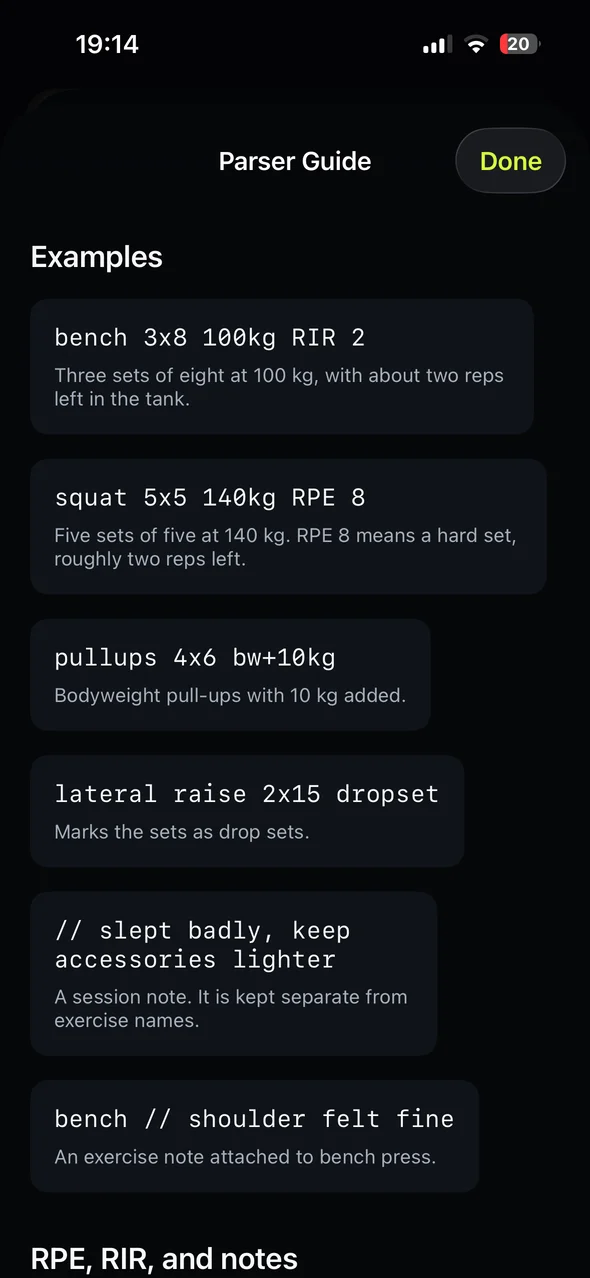 Repgrit Parser Guide screen with workout syntax examples.