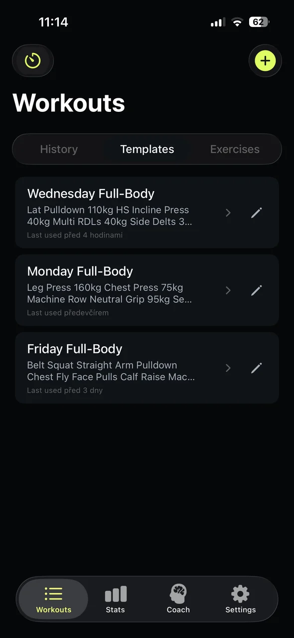 Repgrit Templates screen with saved workout templates.